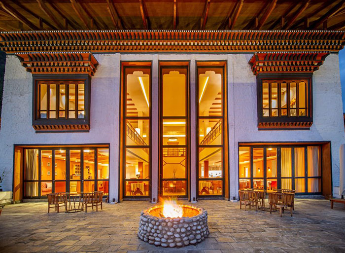 Bhutan Spirit Sanctuary, Paro Main entrance with lots of windows at night