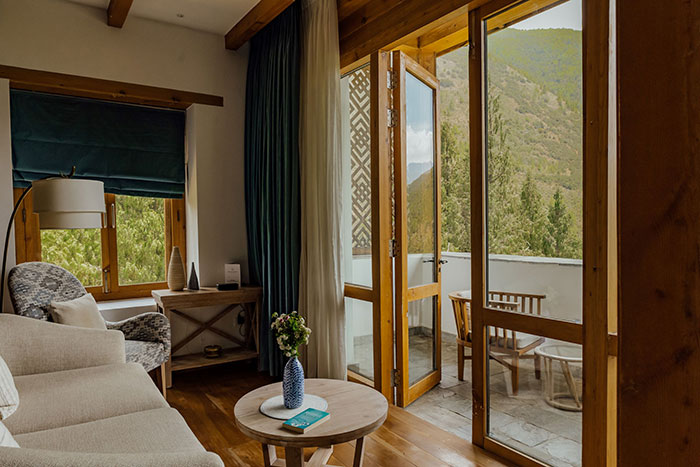 Bhutan Spirit Sanctuary, Paro - Balcony Room through patio door