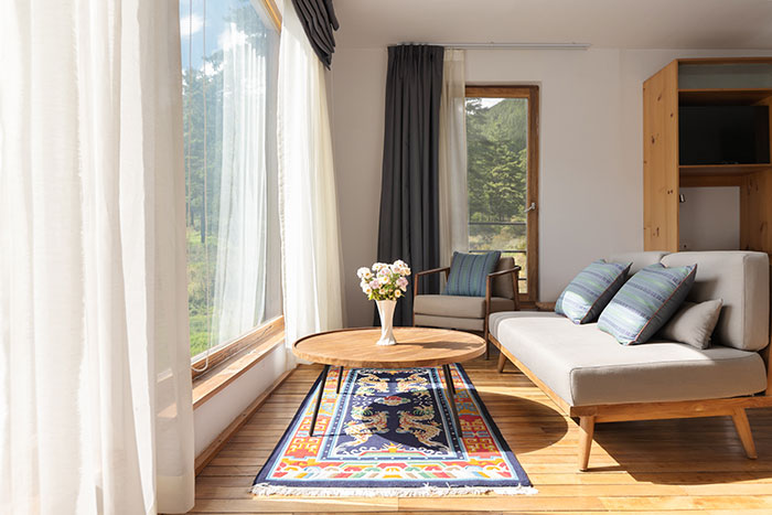 Zhiwaling Ascent, Thimphu - living area with sun shining in big windows