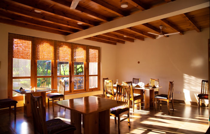 Dhumra Farm Resort, Punakha Dining room, beam ceiling