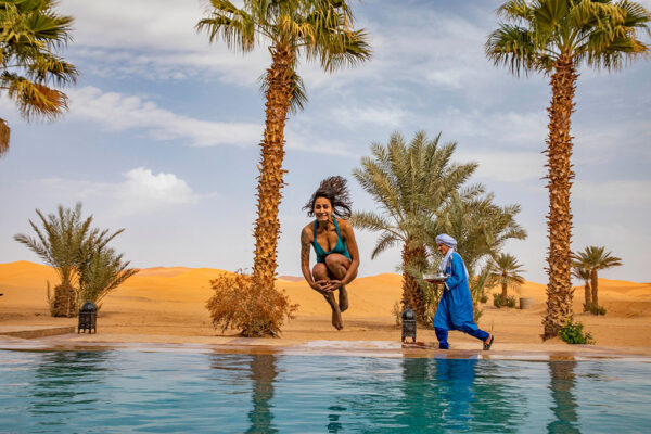 Morocco Merzouga Desert Hotel Pool Oasis Jump