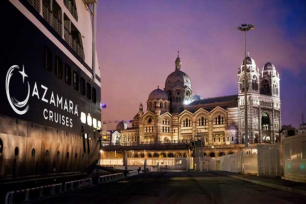 Azamara Cruises - Marseilles - nighttime view with ship name