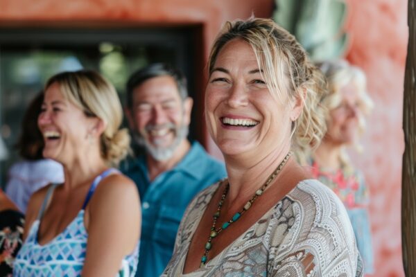 2 smiling ladies and man in background having fun on travel - Just You Travel